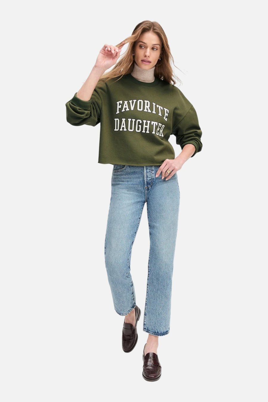 Favorite Daughter Cropped Collegiate Sweatshirt in Smoketree Gardenia – on model