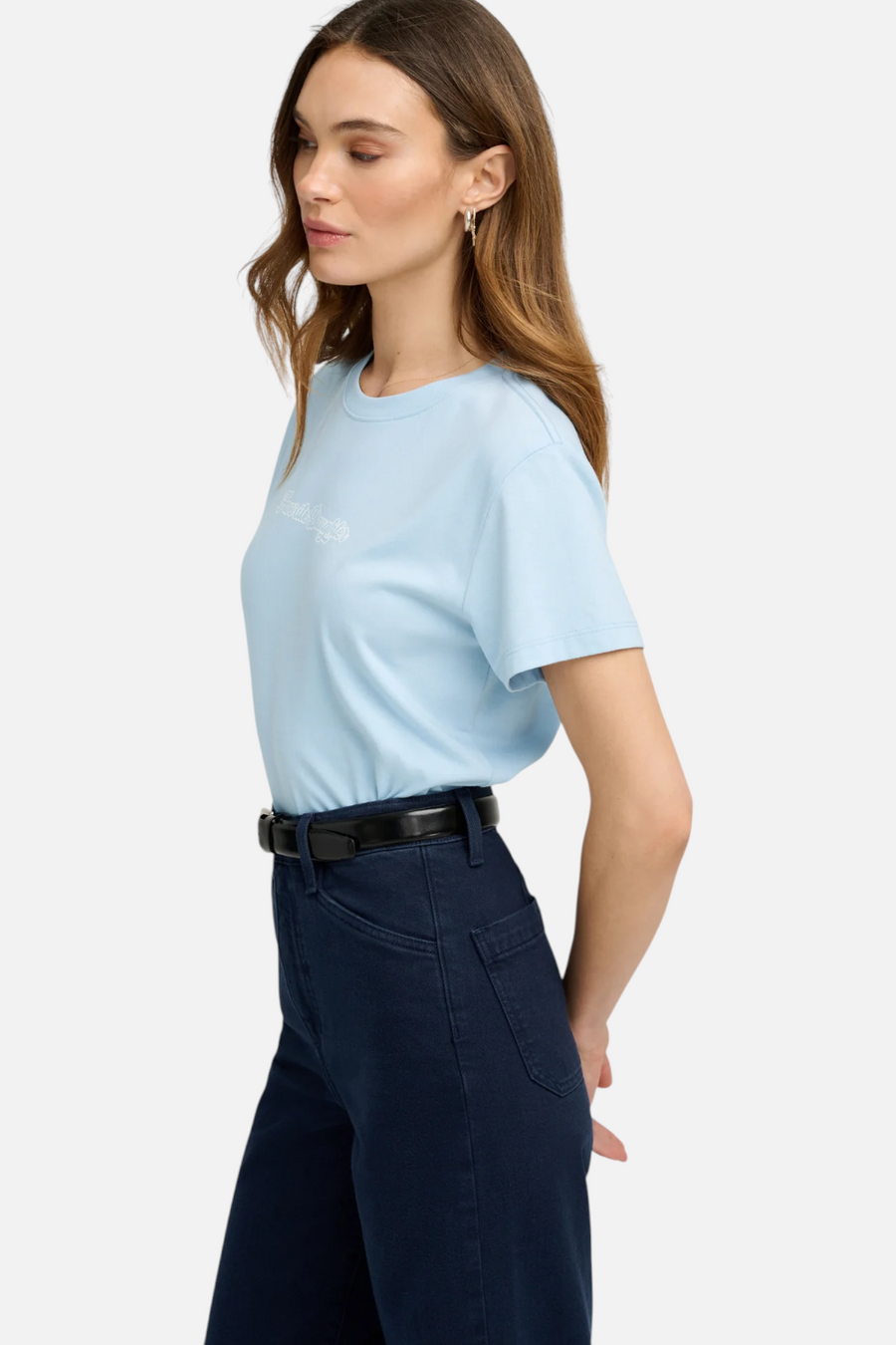 Favorite Daughter Cropped Varsity Tee in Sea Blue – detail