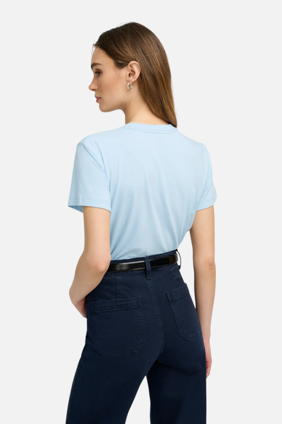 Favorite Daughter Cropped Varsity Tee in Sea Blue – flat lay