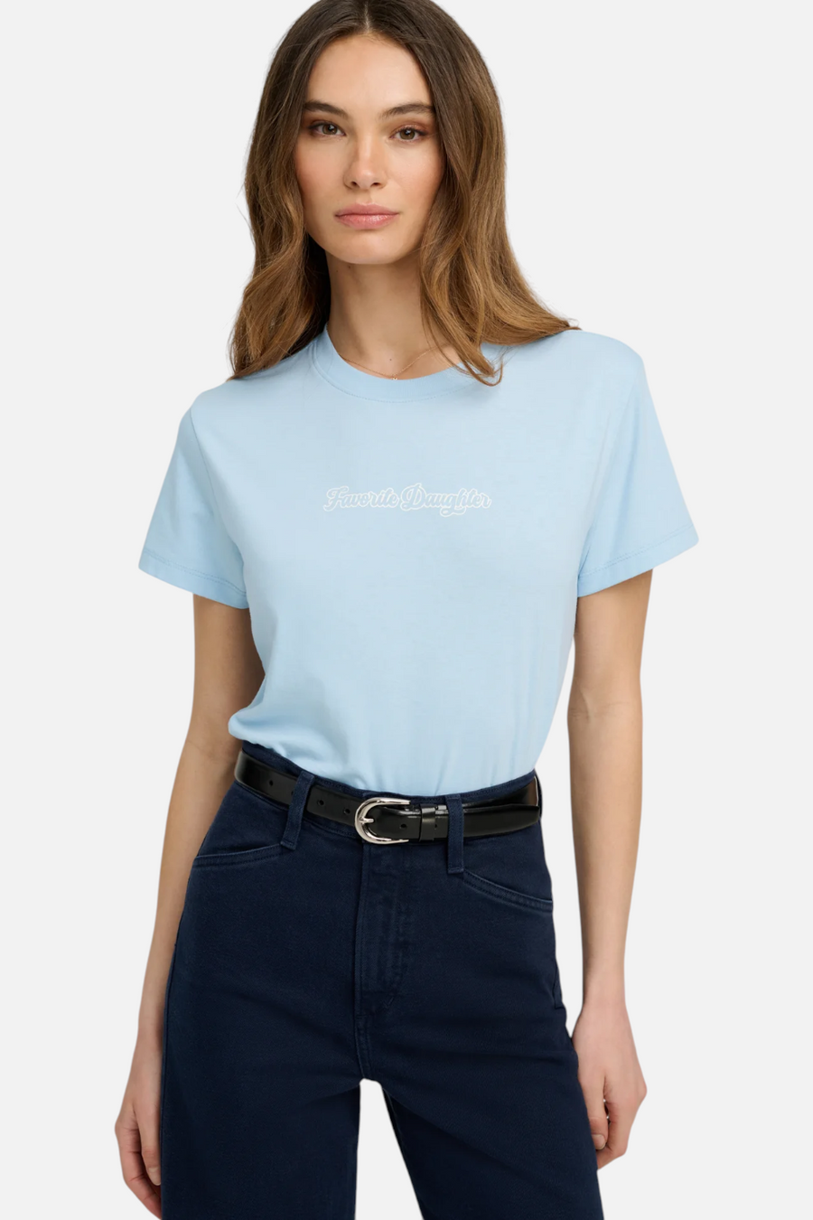 Favorite Daughter Cropped Varsity Tee in Sea Blue – front view