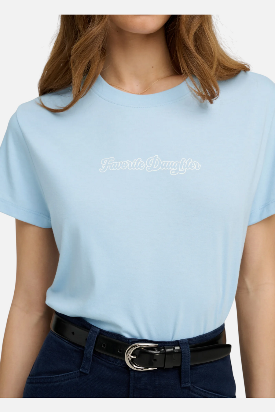 Favorite Daughter Cropped Varsity Tee in Sea Blue – side view
