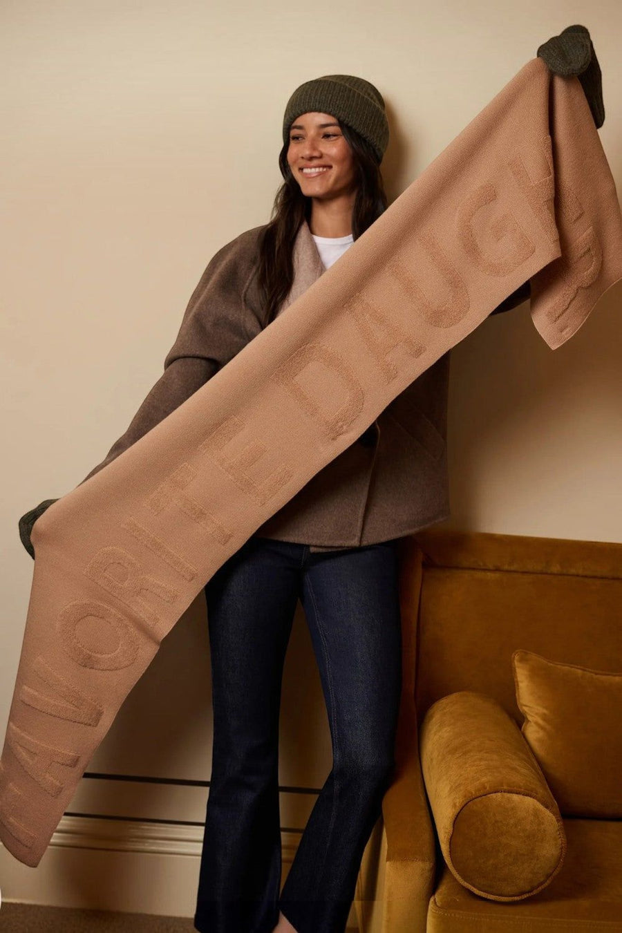 Favorite Daughter Fuzzy Logo Scarf in Camel – back view