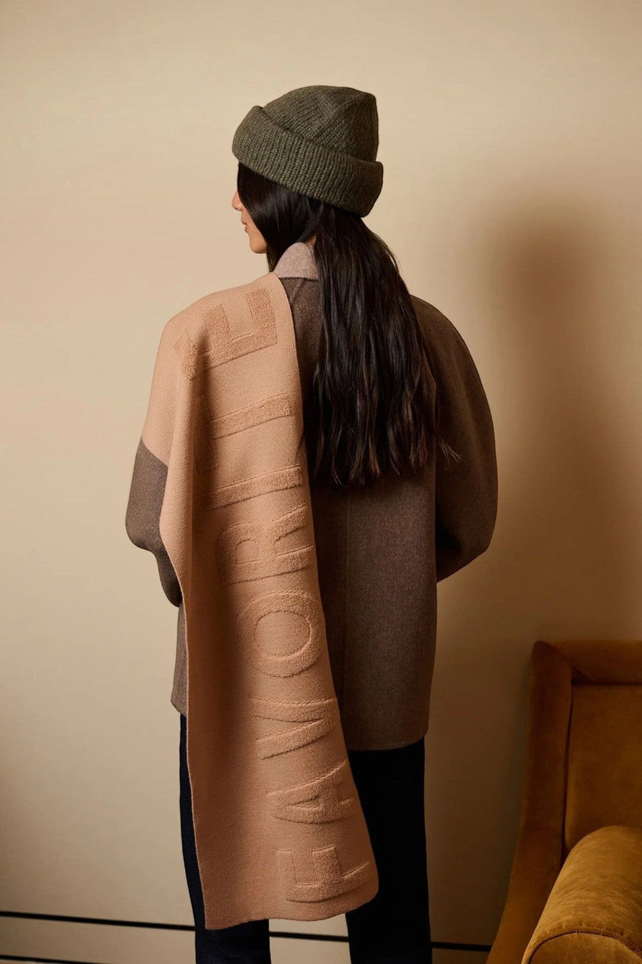 Favorite Daughter Fuzzy Logo Scarf in Camel – side view