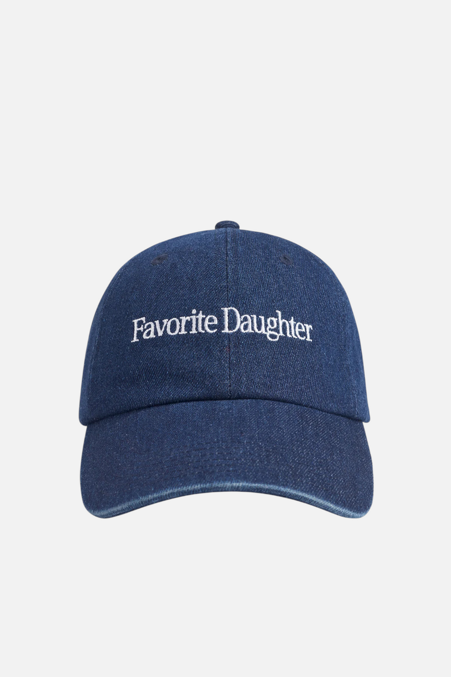 Favorite Daughter Logo Denim Baseball Cap in Dark Wash – front view