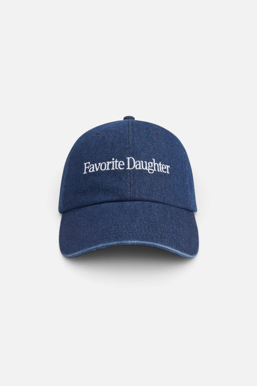 Favorite Daughter Logo Denim Baseball Cap in Dark Wash – front view