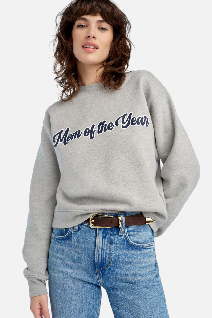 Favorite Daughter Mom Of The Year Varsity Sweatshirt in Grey – front view