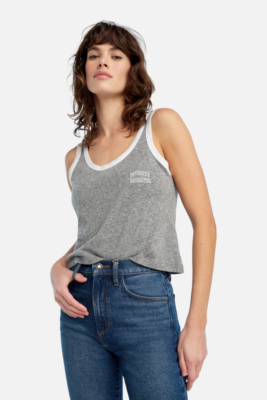 Favorite Daughter Ringer Tank in Heather Grey / White – on model