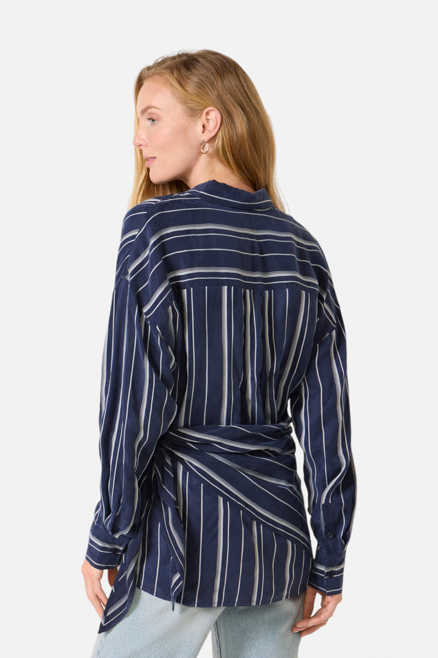 Favorite Daughter The Positano Shirt in Midnight Grey Stripe – back view