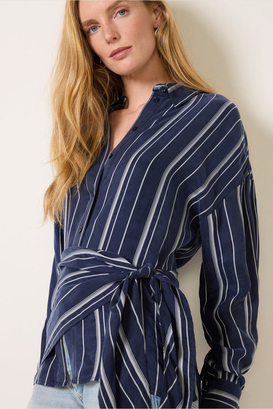 Favorite Daughter The Positano Shirt in Midnight Grey Stripe – detail