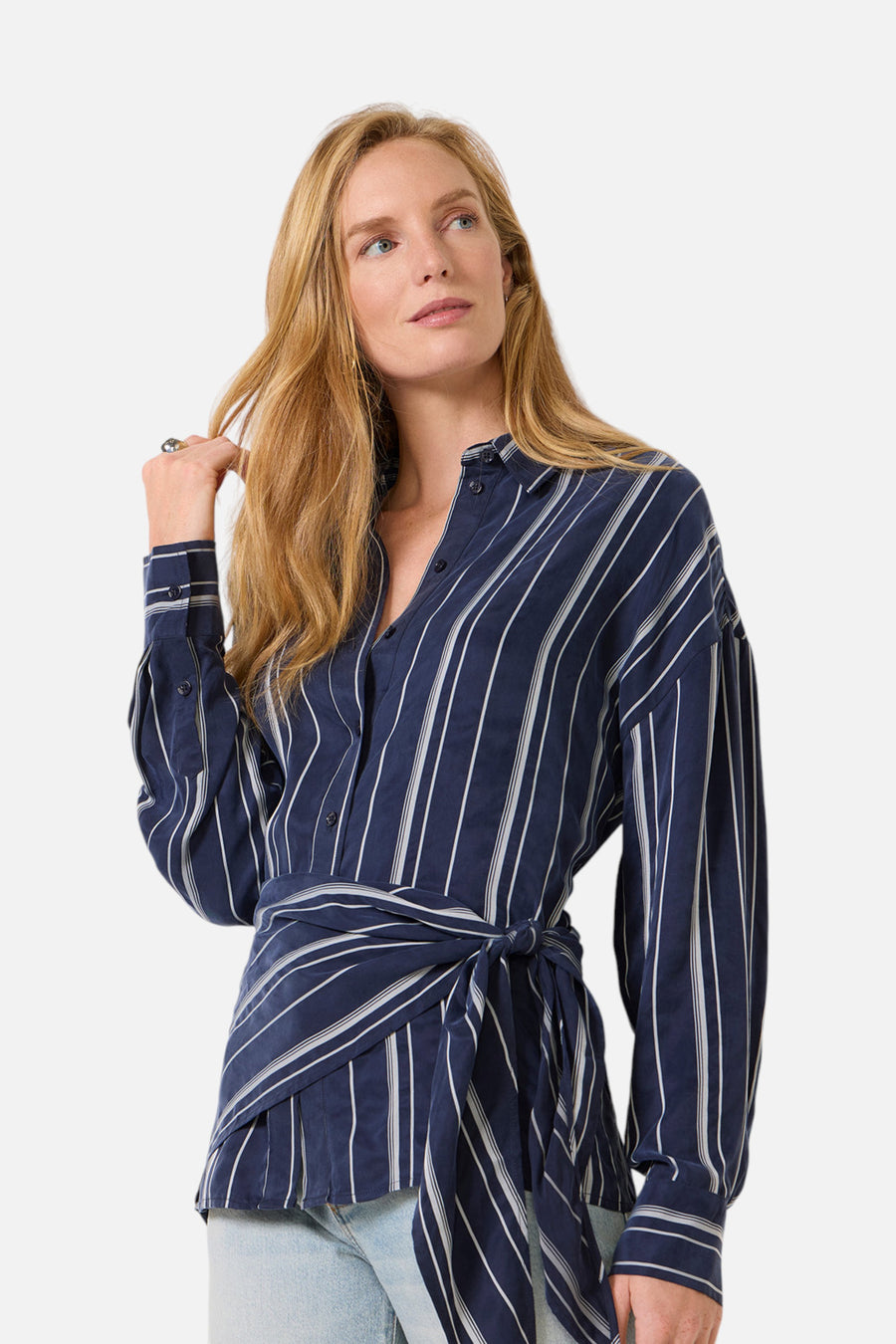 Favorite Daughter The Positano Shirt in Midnight Grey Stripe – front view