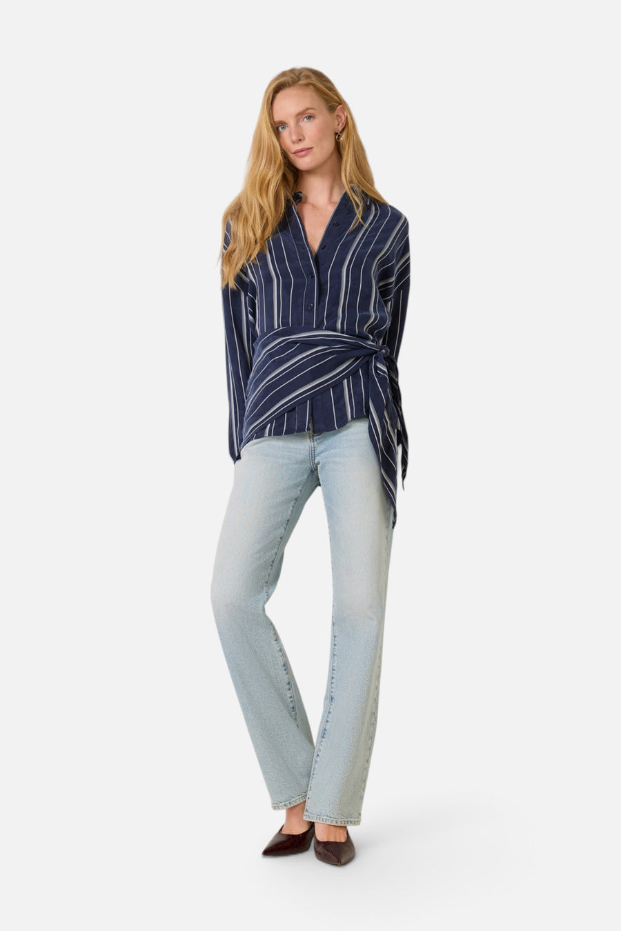 Favorite Daughter The Positano Shirt in Midnight Grey Stripe – full length