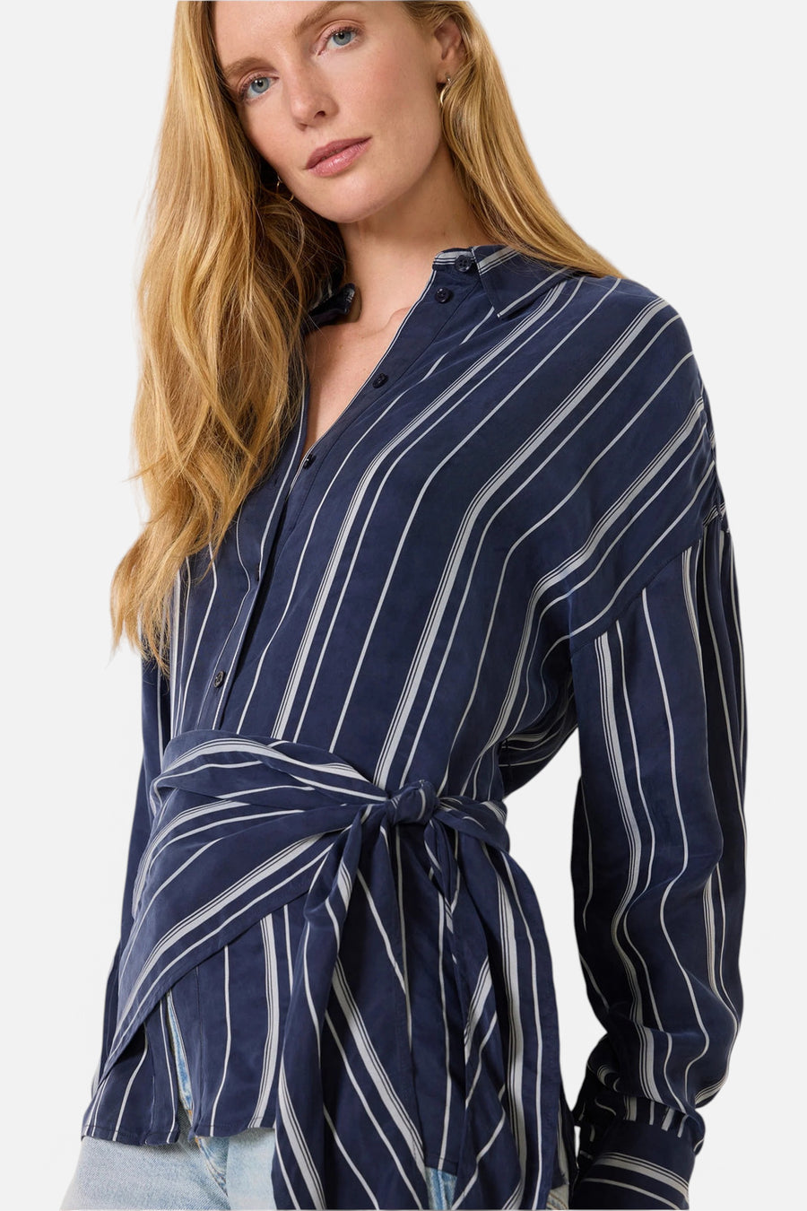 Favorite Daughter The Positano Shirt in Midnight Grey Stripe – side view