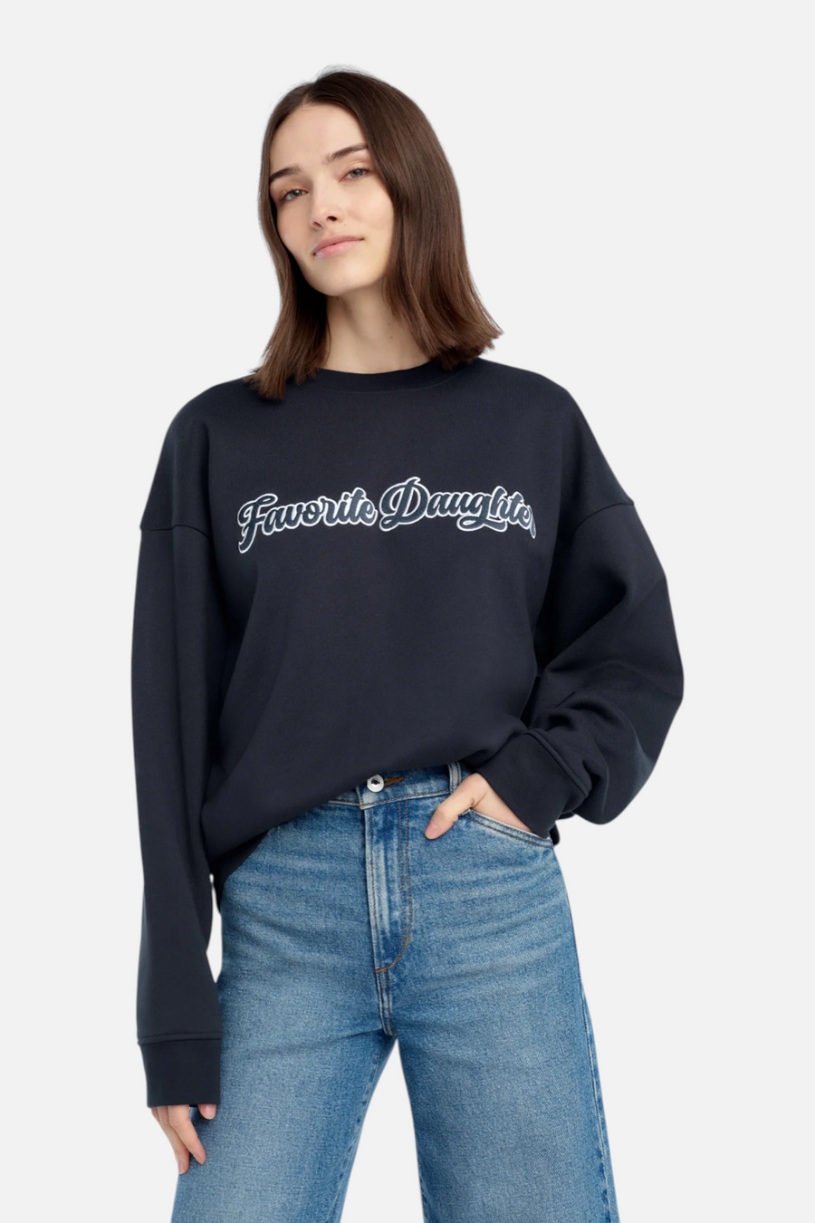 Favorite Daughter Varsity Embroidered Sweatshirt in Navy – back view