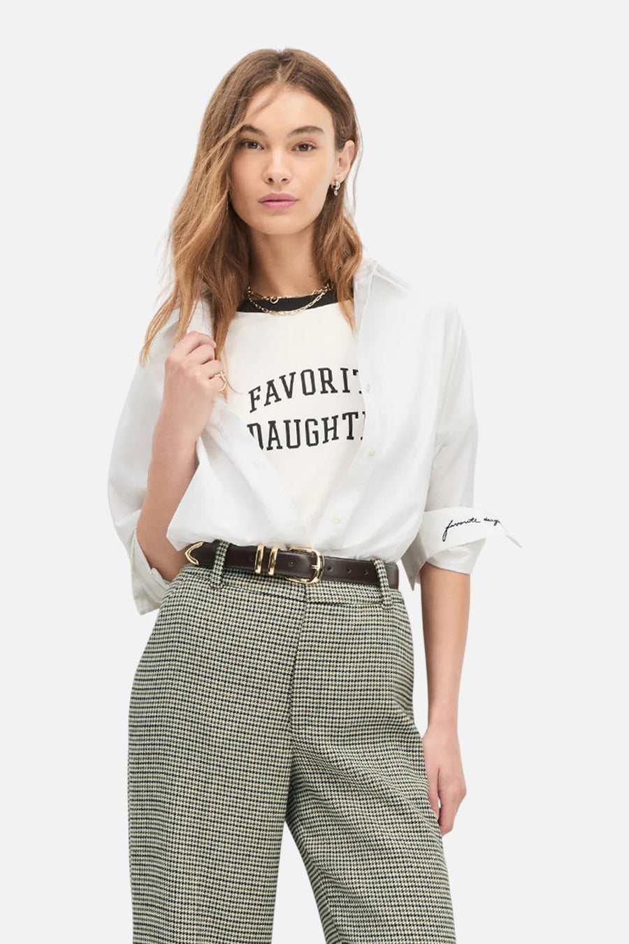 Favorite Daughter Women's Collegiate Ringer Tee in White/Black – on model