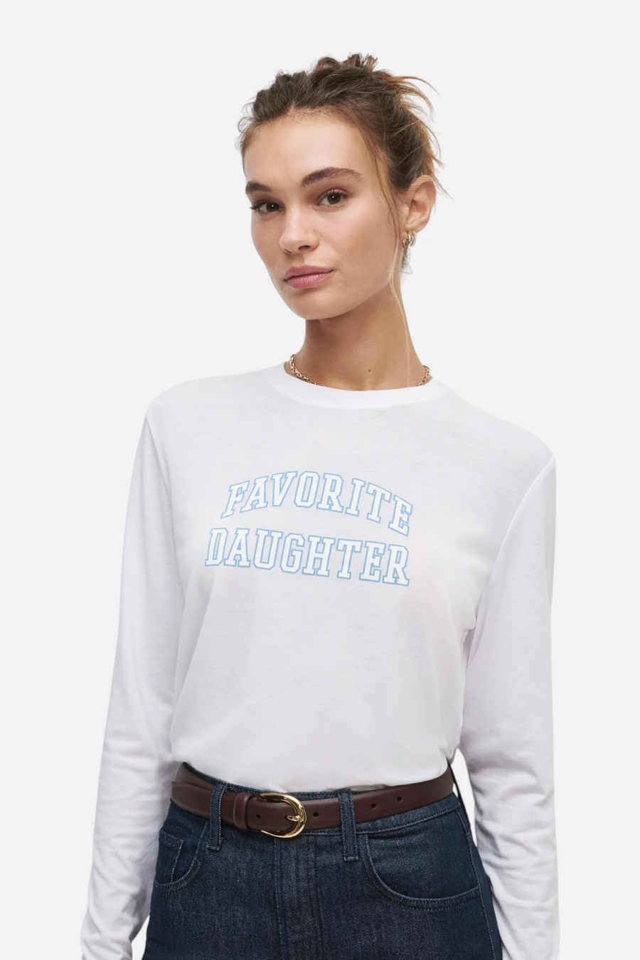 Favorite Daughter Women's Crop Collegiate Long Sleeve Tee in White & Light Blue – back view