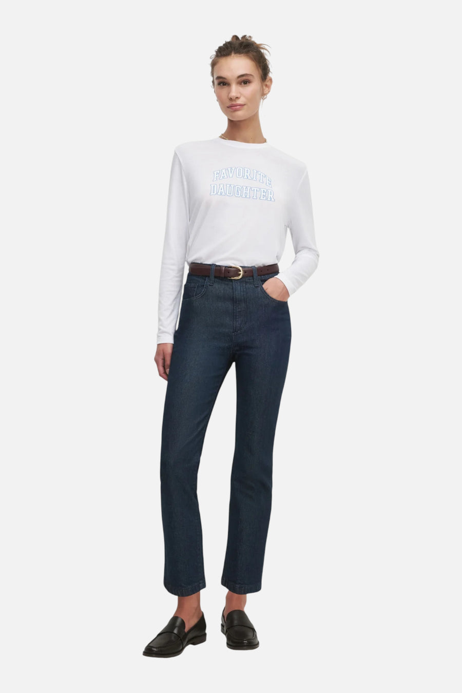 Favorite Daughter Women's Crop Collegiate Long Sleeve Tee in White & Light Blue – on model