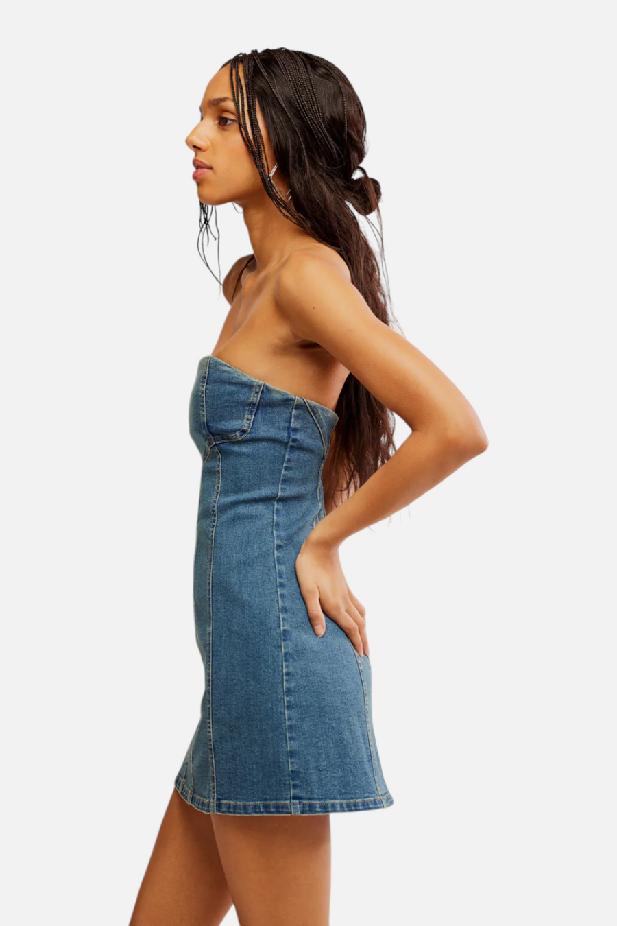 Free People Alexa Mini Denim Dress in Stone Wash Blue – back view