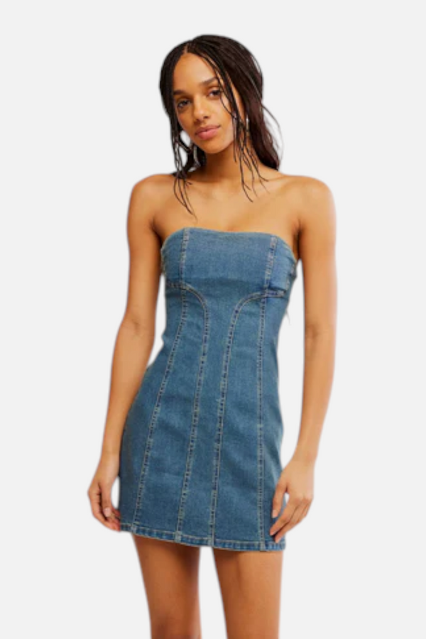 Free People Alexa Mini Denim Dress in Stone Wash Blue