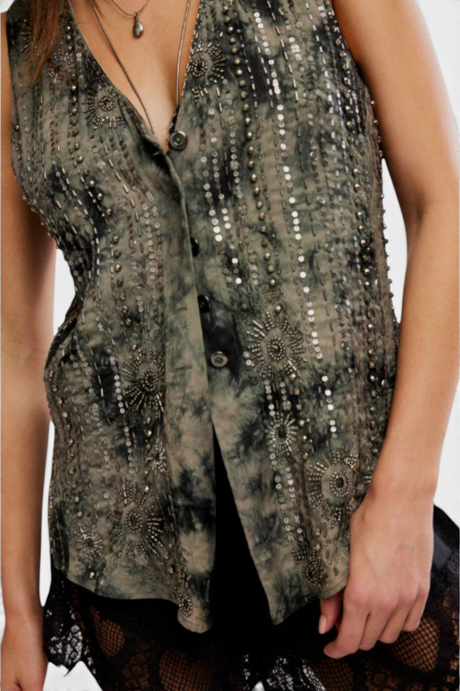 Free People Arden Embellish Vest in Raven Combo – detail