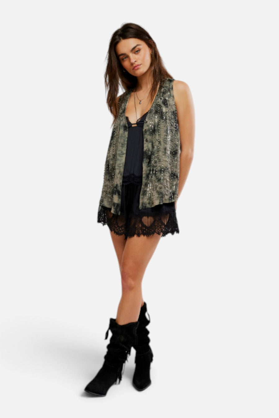 Free People Arden Embellish Vest in Raven Combo – flat lay