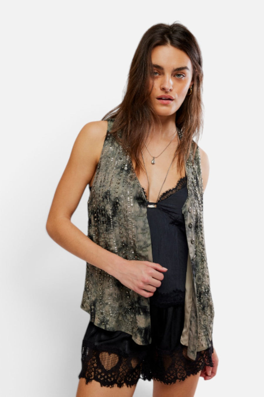 Free People Arden Embellish Vest in Raven Combo – front view
