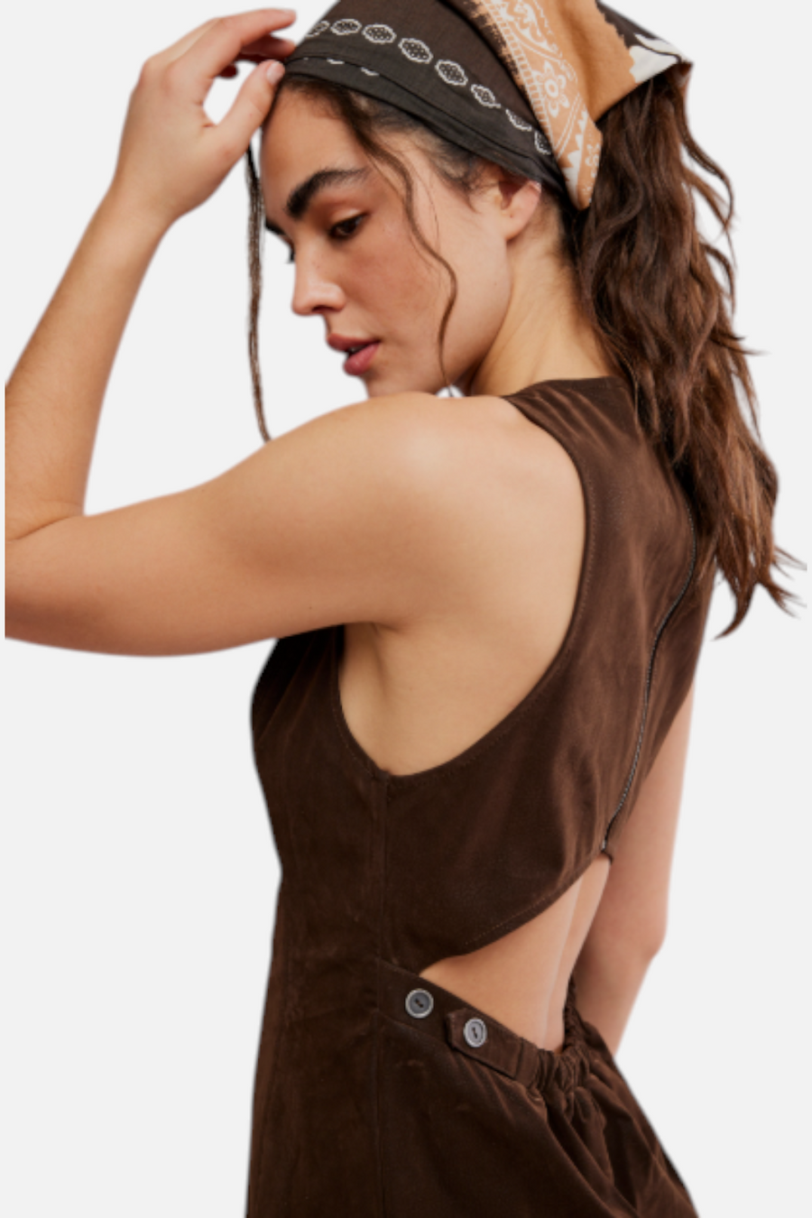Free People Atlas Suede Mini Dress in Chocolate Brown – detail
