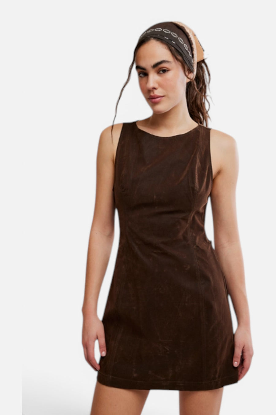 Free People Atlas Suede Mini Dress in Chocolate Brown – side view