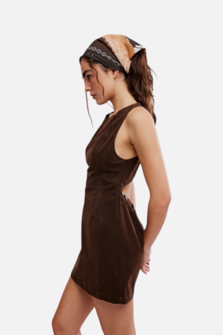 Free People Atlas Suede Mini Dress in Chocolate Brown – side view