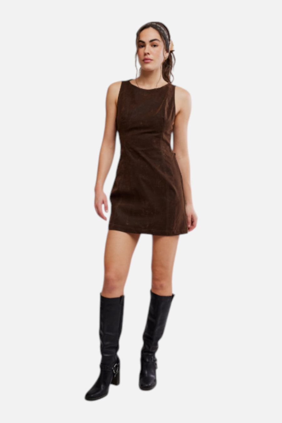 Free People Atlas Suede Mini Dress in Chocolate Brown – side view