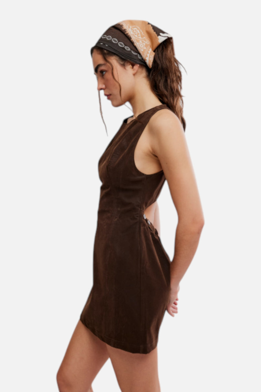 Free People Atlas Suede Mini Dress in Chocolate Brown – side view