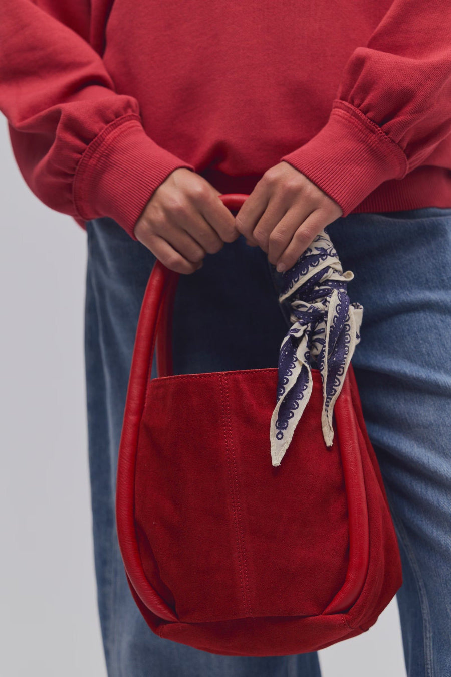 Free People Barlow Suede Bucket Bag in Goji – on model