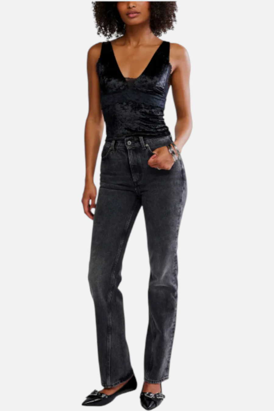 Free People Bed of Roses Cami in Black – flat lay