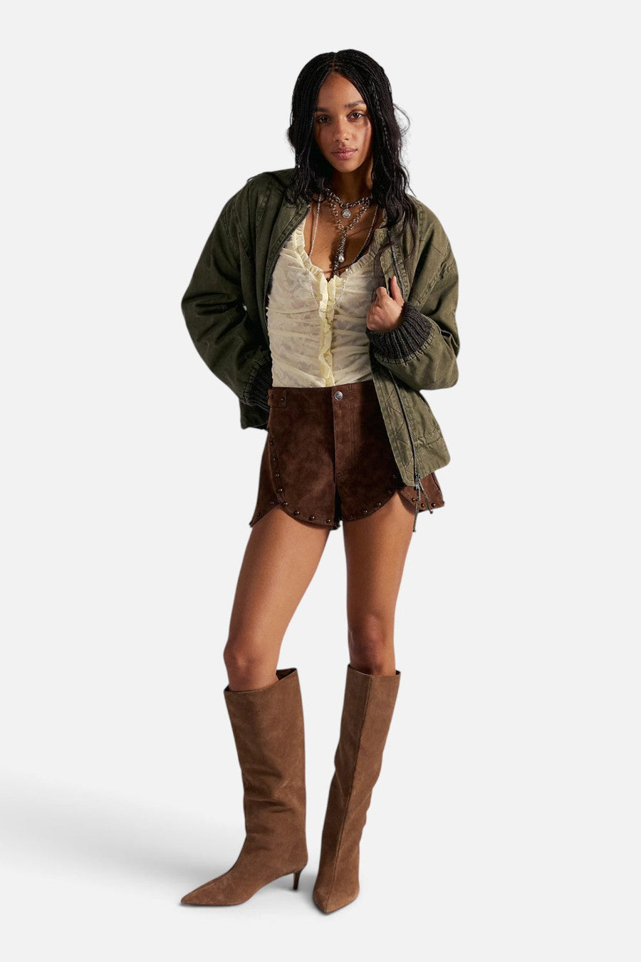 Free People Best Behavior Vegan Suede Shorts in Shaved Chocolate – detail