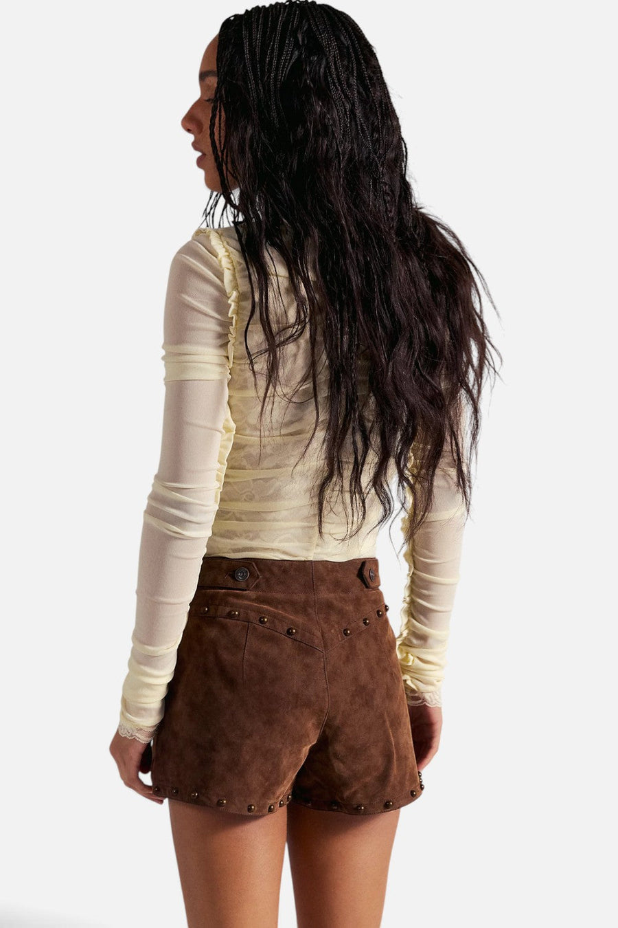 Free People Best Behavior Vegan Suede Shorts in Shaved Chocolate – side view