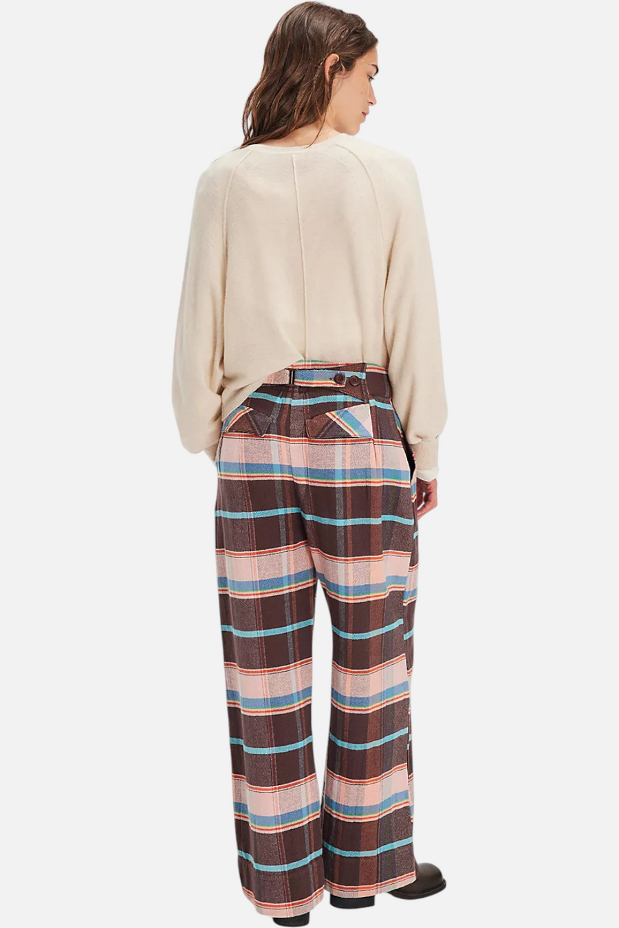 Free People Buckle Back Plaid Trouser Brown Combo – back view