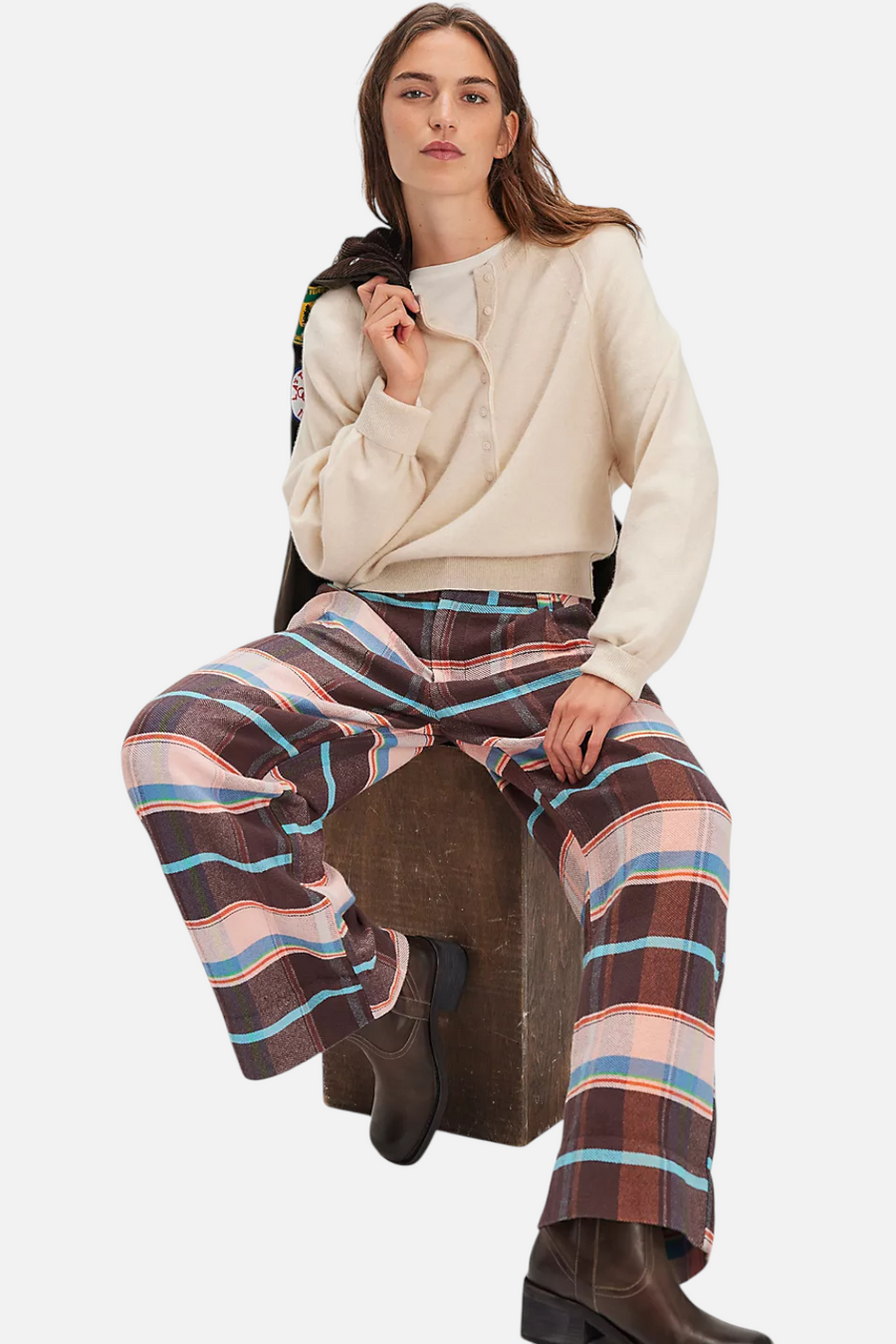 Free People Buckle Back Plaid Trouser Brown Combo – detail