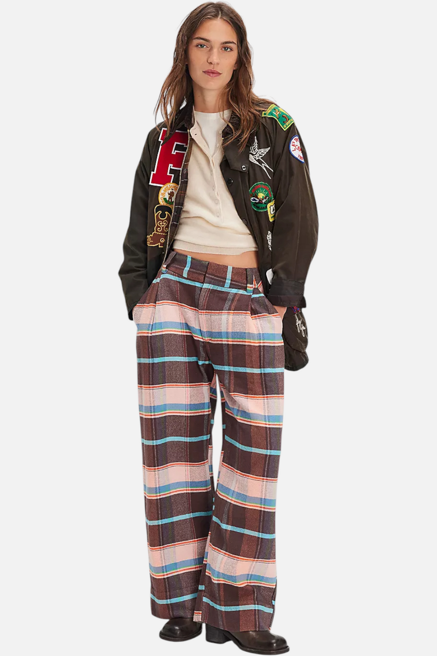 Free People Buckle Back Plaid Trouser Brown Combo – front view