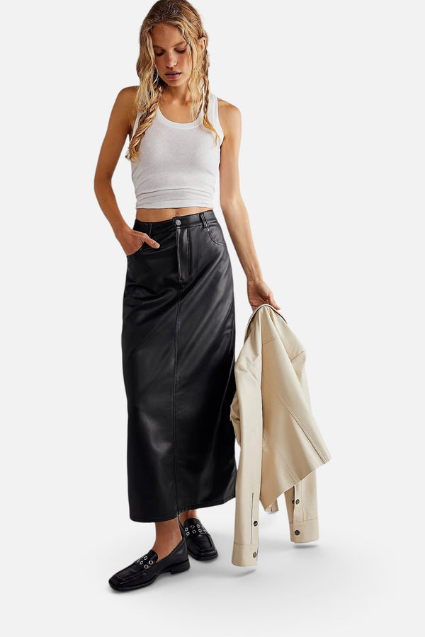 Free People City Slicker Vegan Maxi Skirt in Black