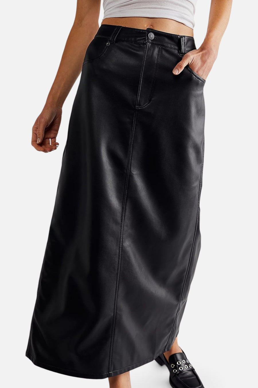 Free People City Slicker Vegan Maxi Skirt in Black – side view