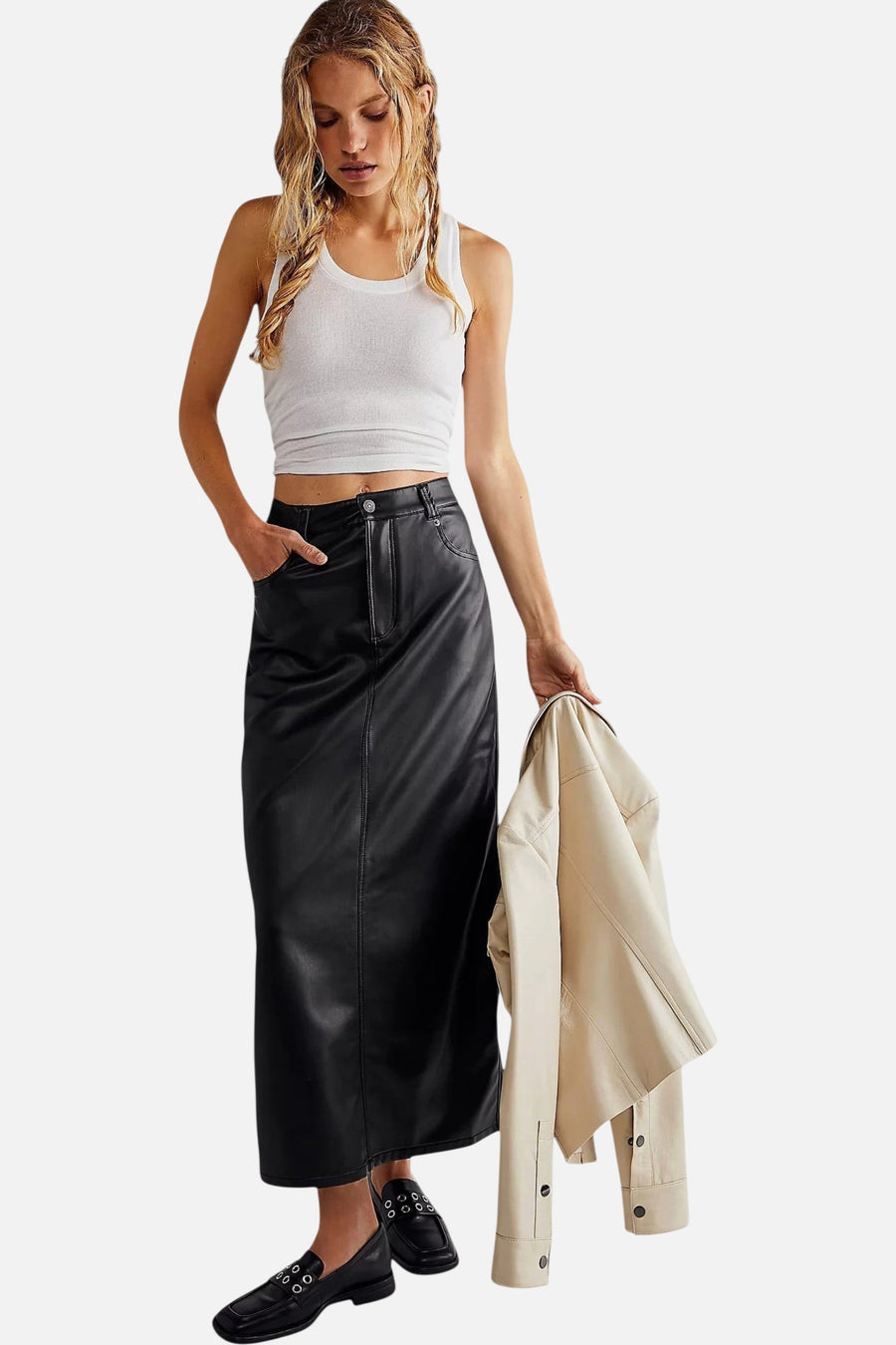 Free People City Slicker Vegan Maxi Skirt in Black – side view