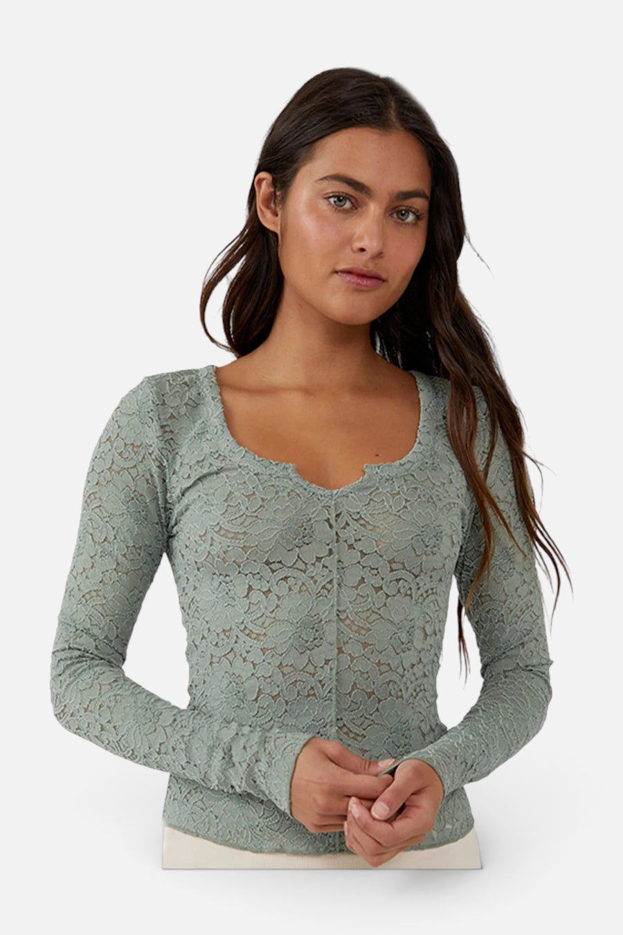 Free People Cloud Ride Notch Long Sleeve In Sea Grass – front view