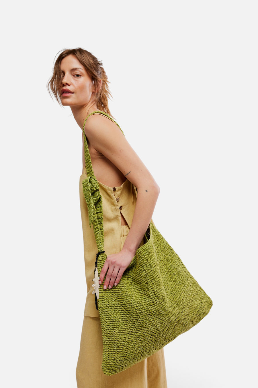 Free People Coastal Crush Straw Tote in Matcha – back view