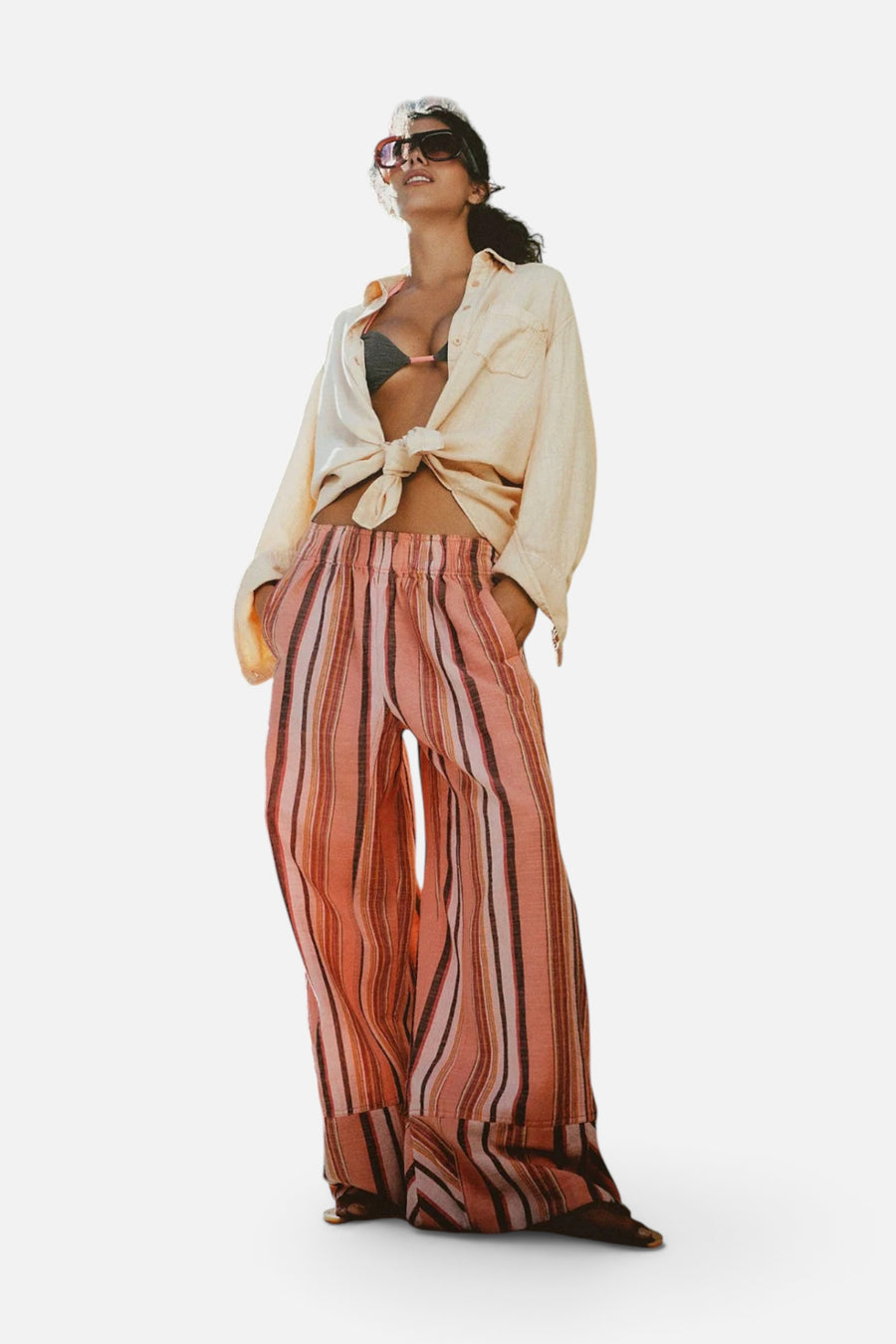 Free People Days End Solar Linen Stripe Pant in Soft Coral – back view