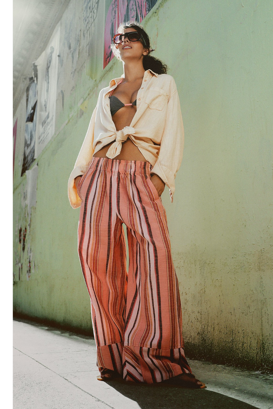 Free People Days End Solar Linen Stripe Pant in Soft Coral – back view