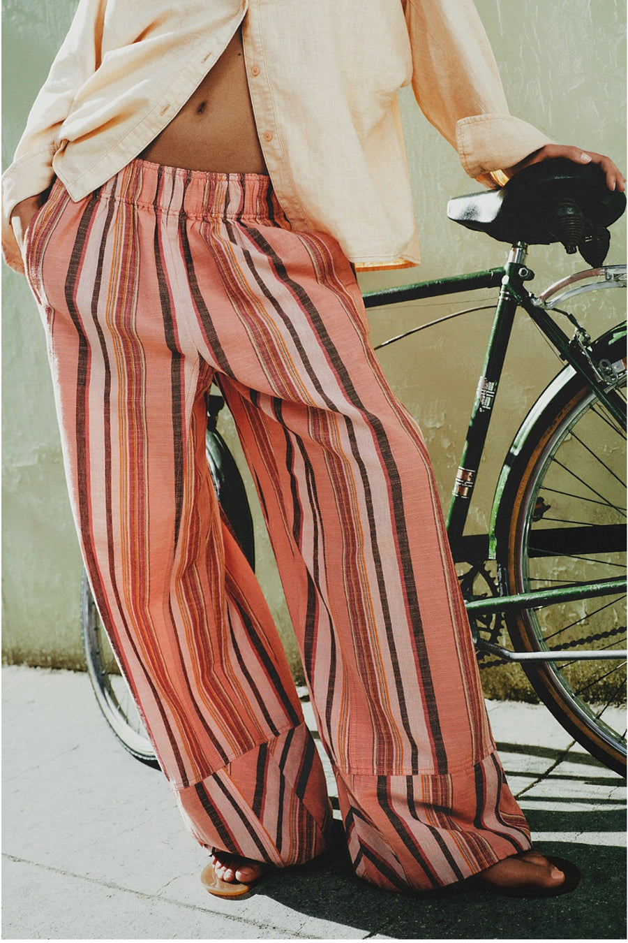 Free People Days End Solar Linen Stripe Pant in Soft Coral – flat lay