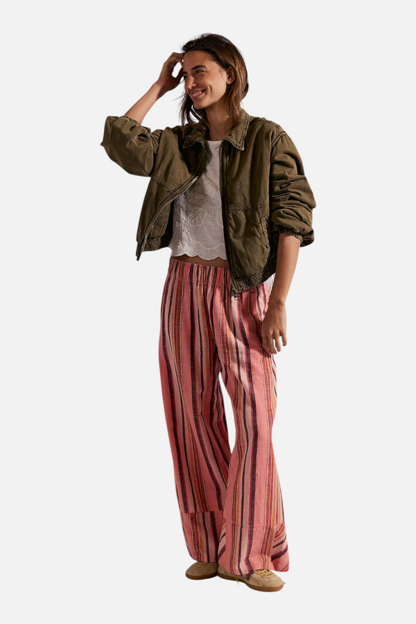 Free People Days End Solar Linen Stripe Pant in Soft Coral