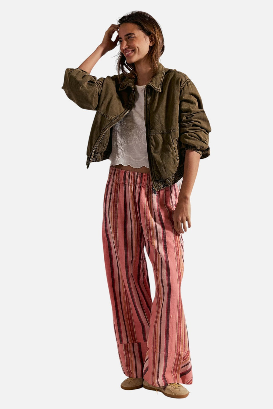 Free People Days End Solar Linen Stripe Pant in Soft Coral – on model
