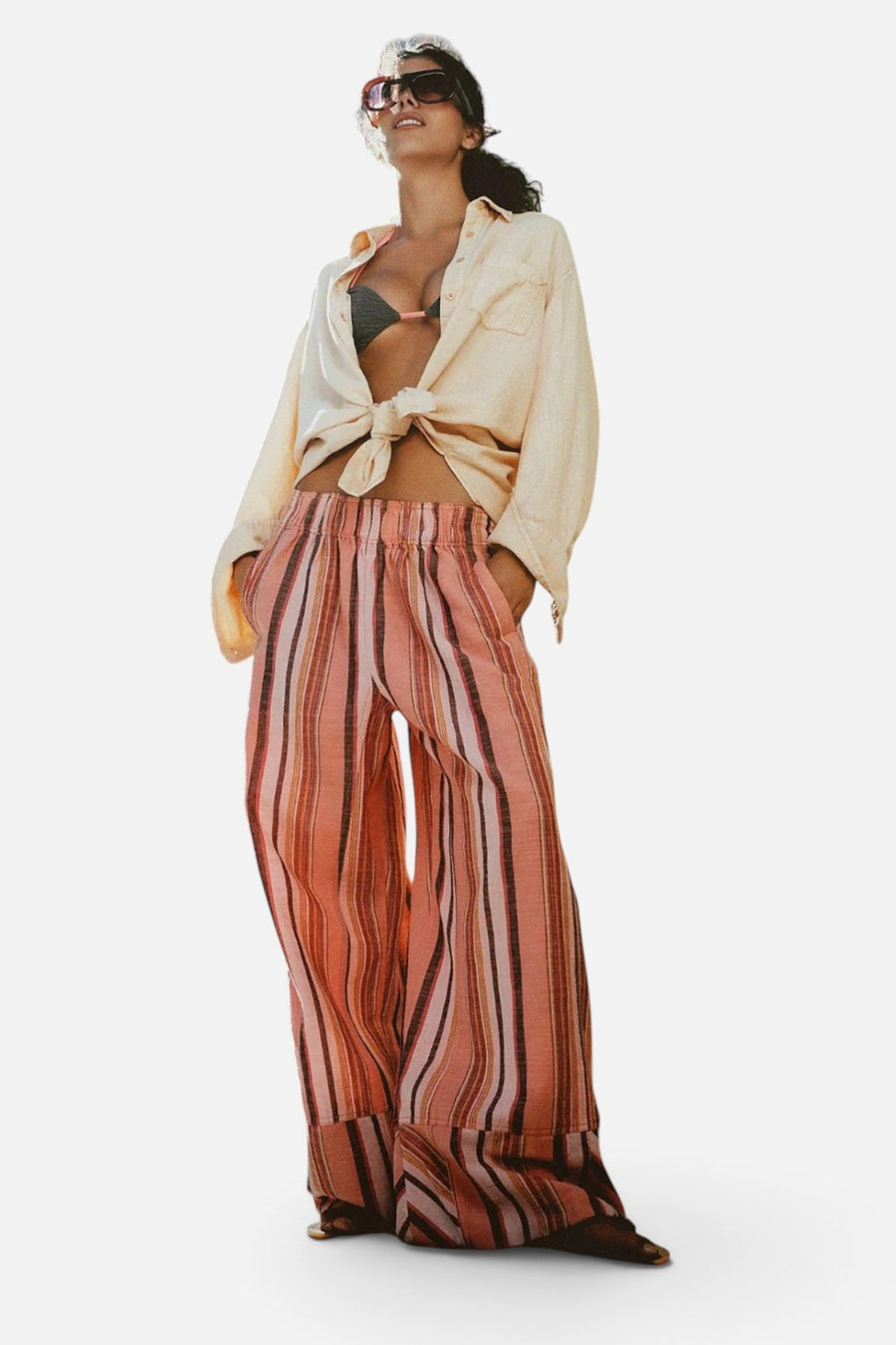 Free People Days End Solar Linen Stripe Pant in Soft Coral – on model