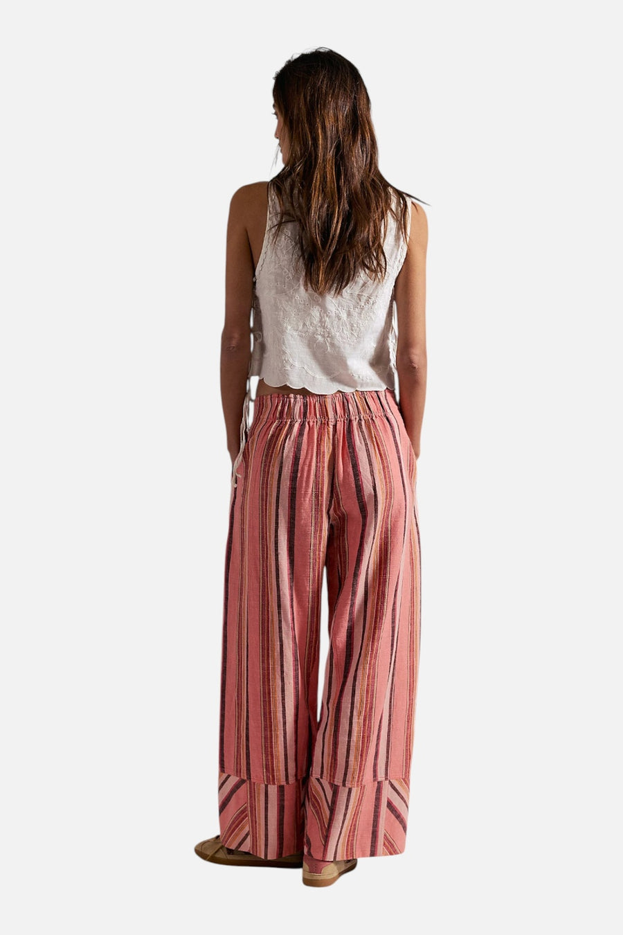 Free People Days End Solar Linen Stripe Pant in Soft Coral – on model