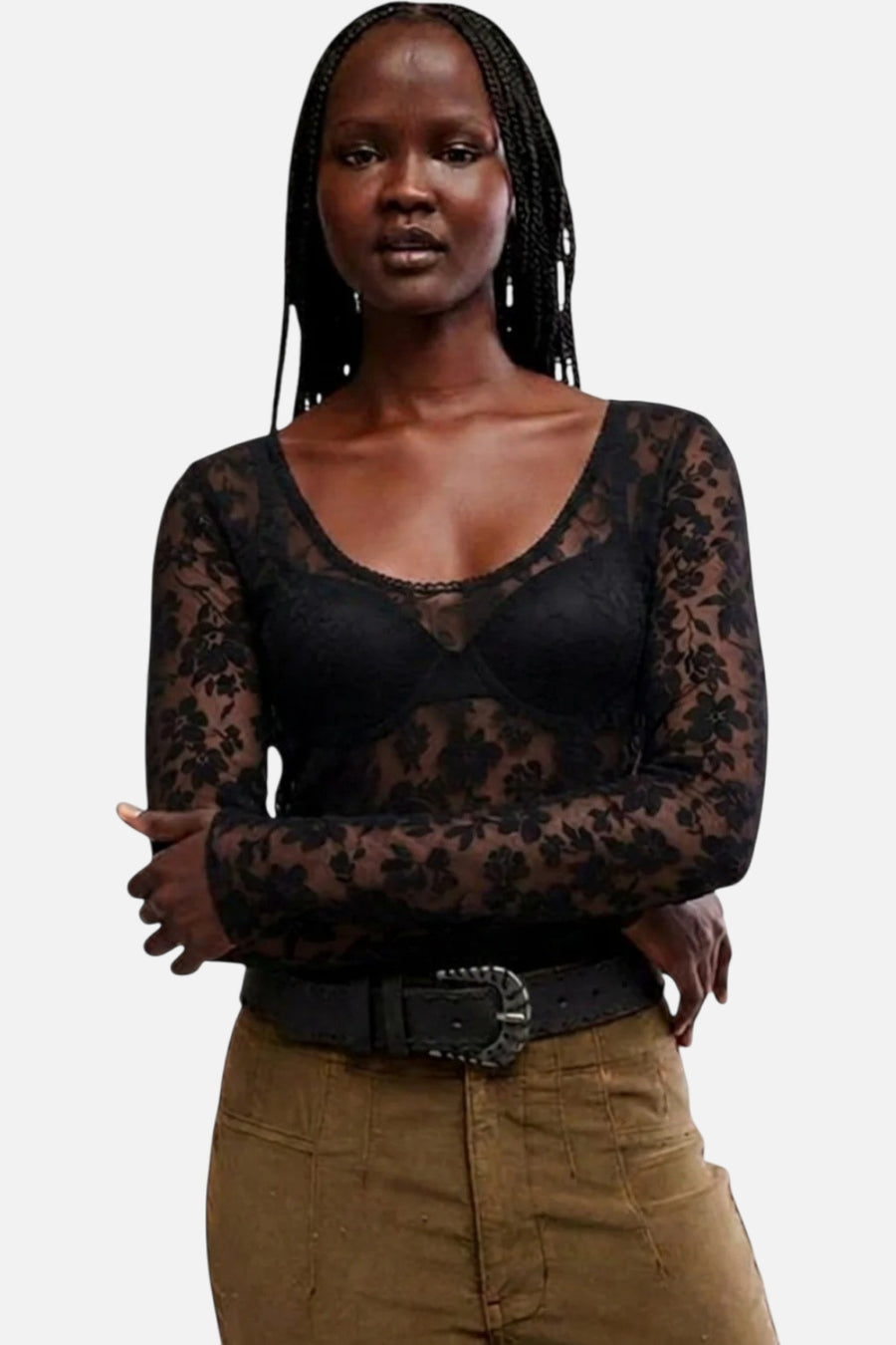 Free People Early Sunsets Lace Layering Top in Black – on model